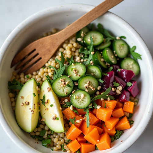 Un bol de salade équilibrée avec des légumes frais, du couscous et des graines, accompagné d'une fourchette en bois